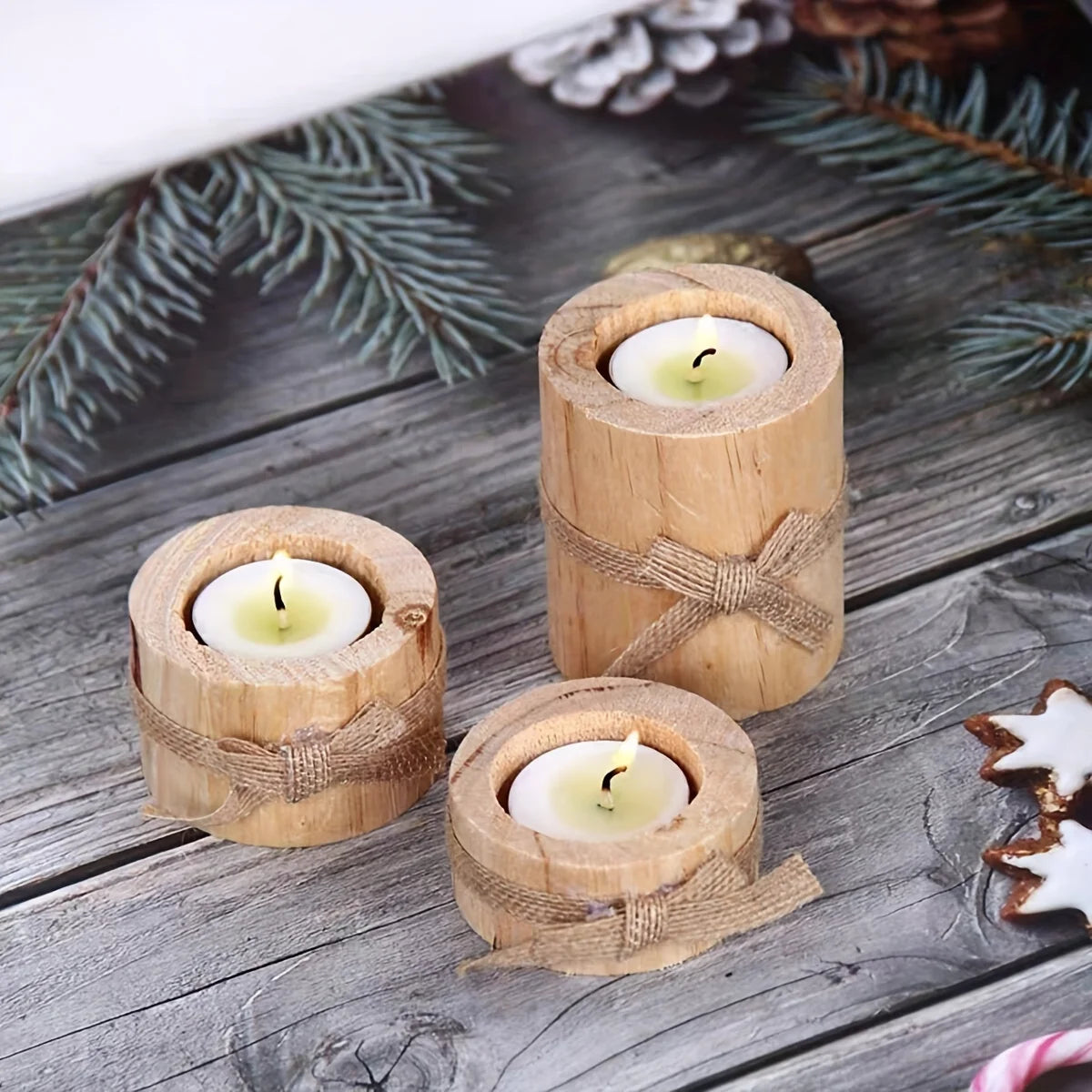 Rustic Wooden Tealight Candle Holder Set Farmhouse Table Decor