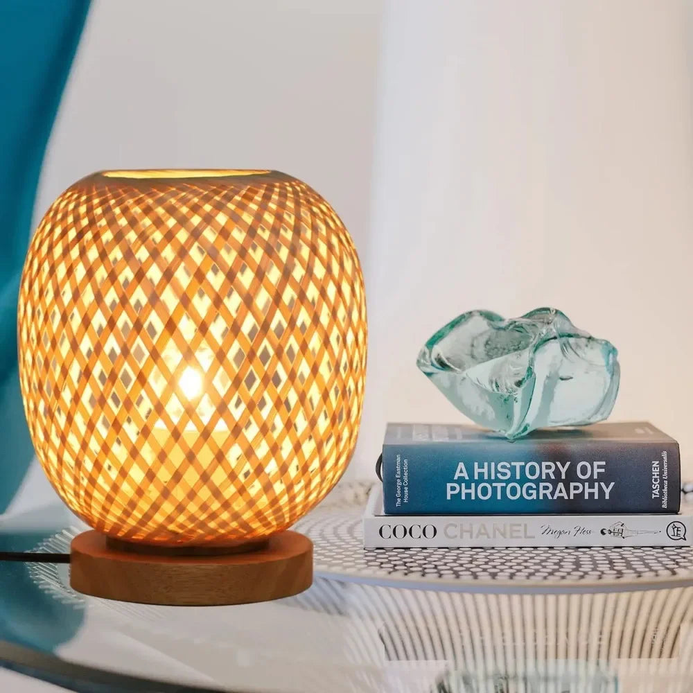 Handwoven Bamboo Table Lamp – Cozy Ambient Light for Bedroom & Living Room