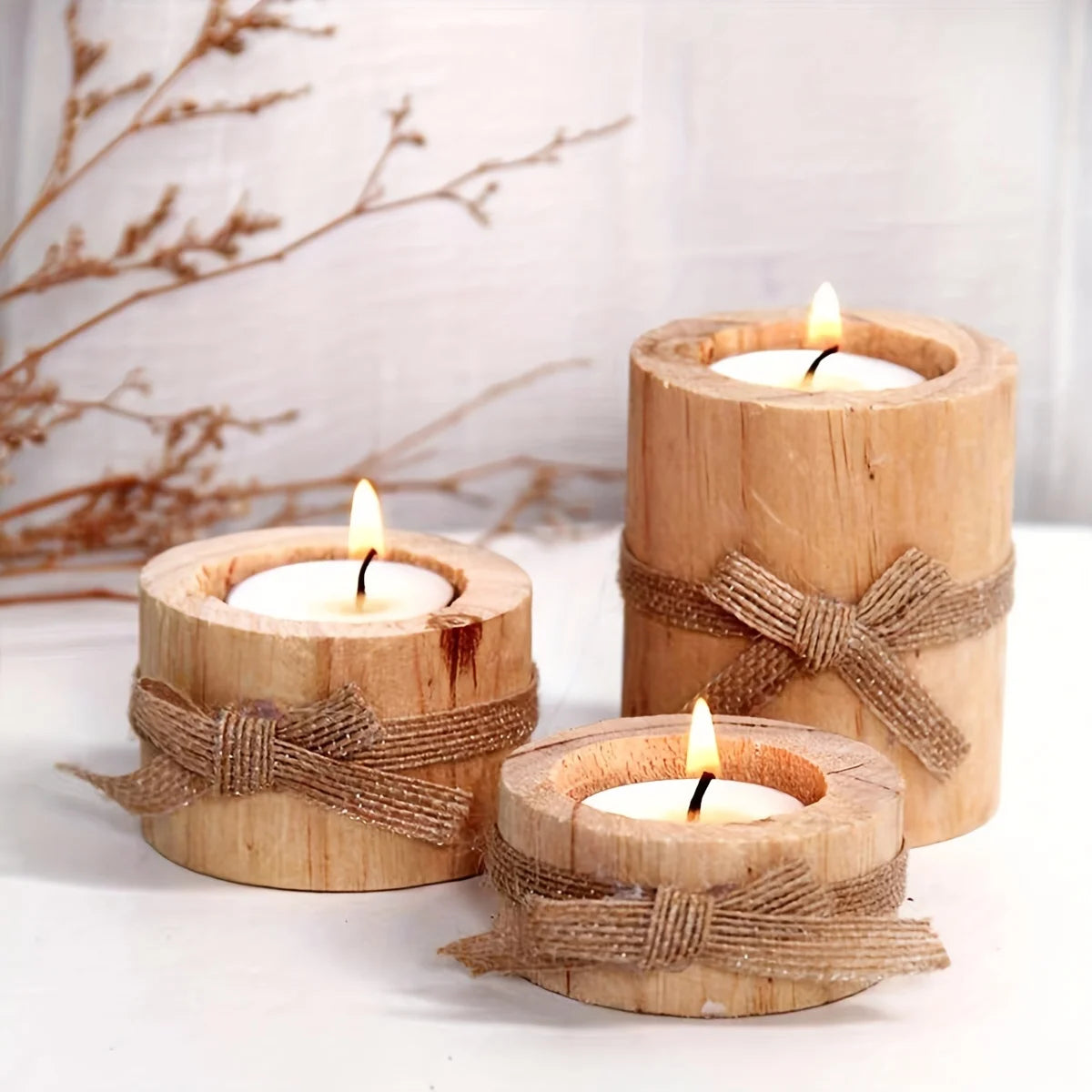 Rustic Wooden Tealight Candle Holder Set Farmhouse Table Decor