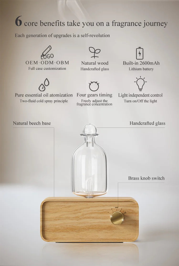 Wood & Glass Nebulizing Essential Oil Diffuser – Aromatherapy Scent Machine for Home & Office