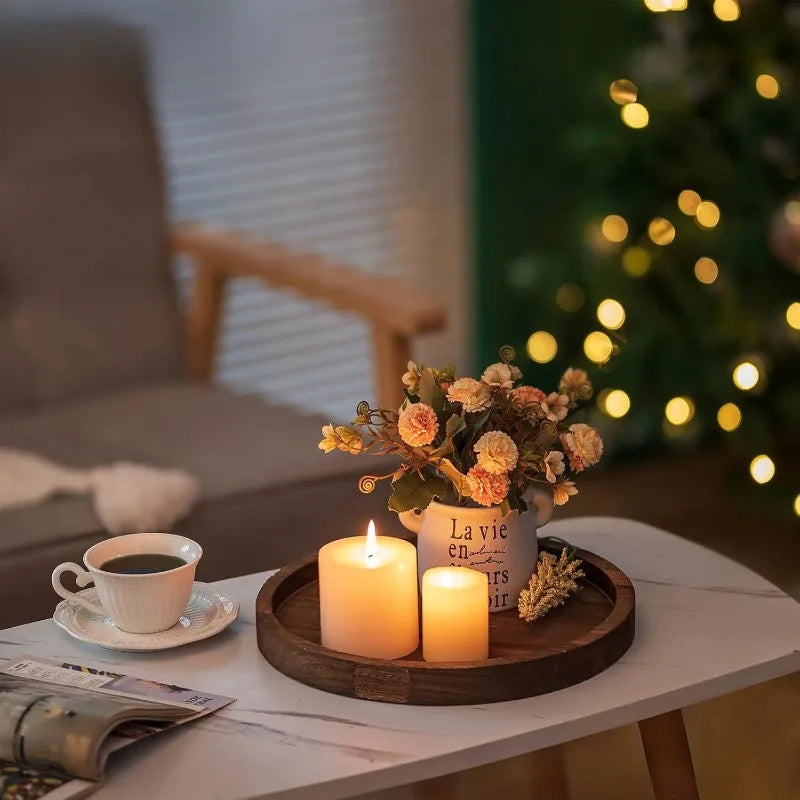 Rustic round wooden tray decor, perfect for modern home interiors and as a centerpiece for tables.