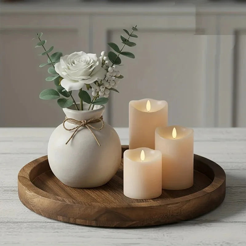 Rustic round wooden tray decor, perfect for modern home interiors and as a centerpiece for tables.