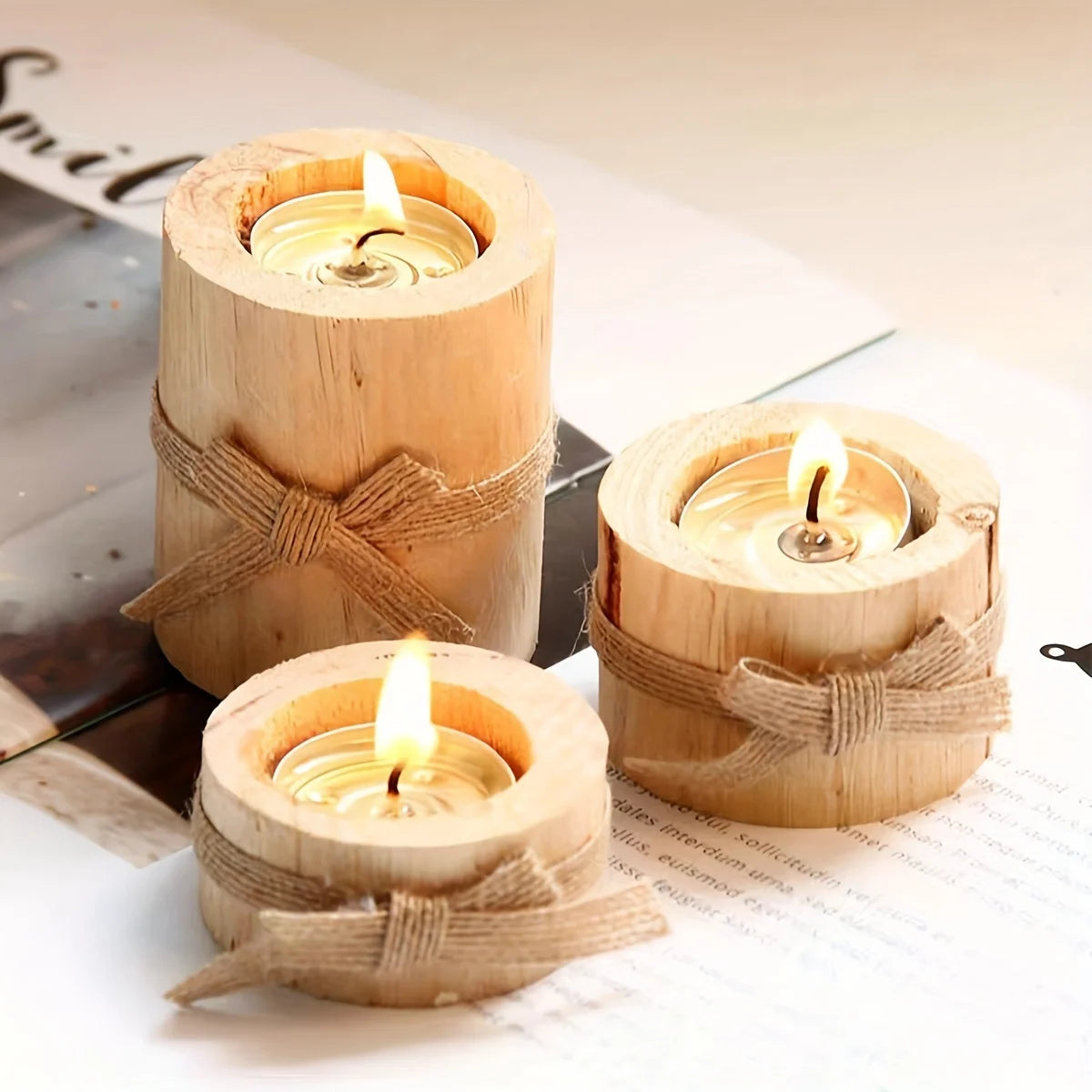 Rustic wooden tealight candle holder set, perfect for farmhouse table decor and creating a warm ambiance.