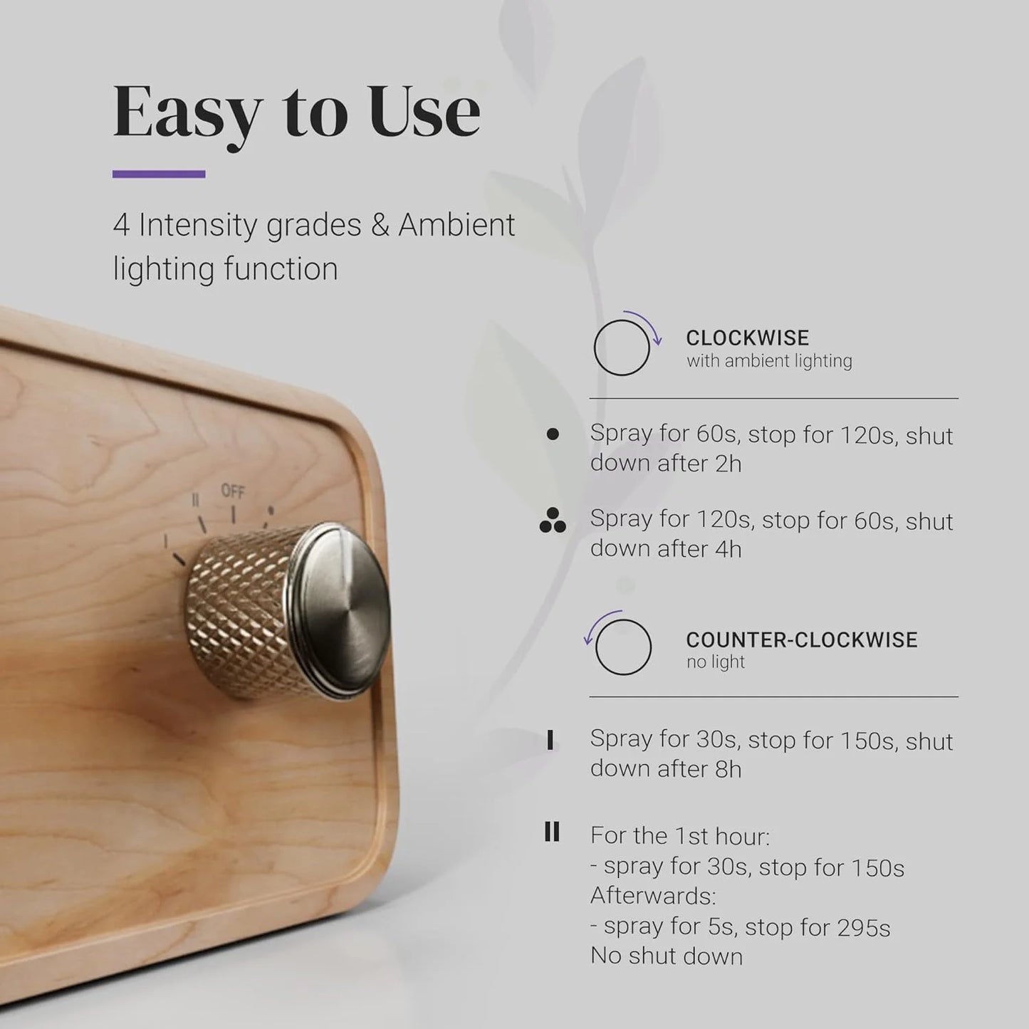 Aroma diffuser with natural beech wood base, handcrafted glass top, and brass switch for a sophisticated and efficient scent experience.