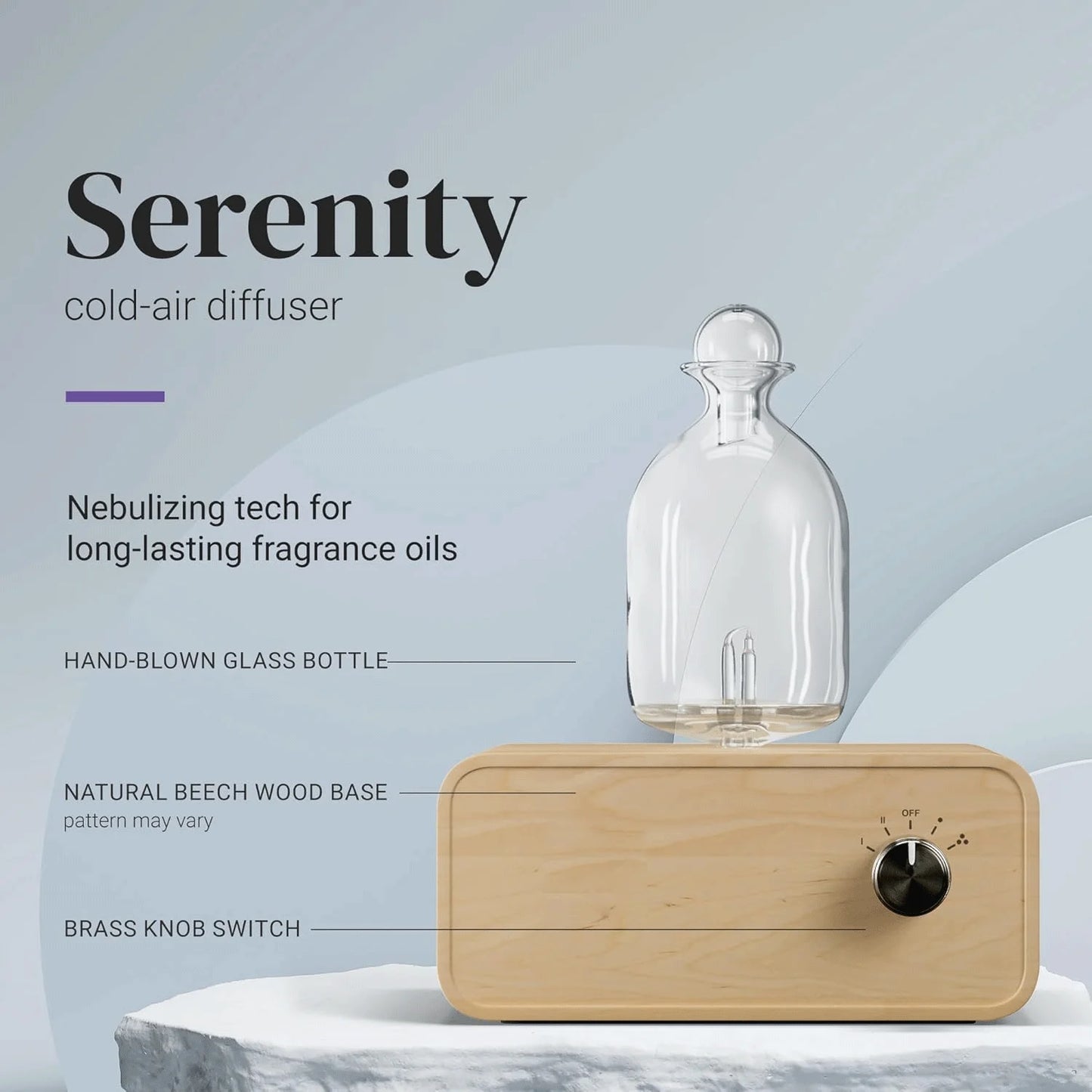 Aroma diffuser with natural beech wood base, handcrafted glass top, and brass switch for a sophisticated and efficient scent experience.