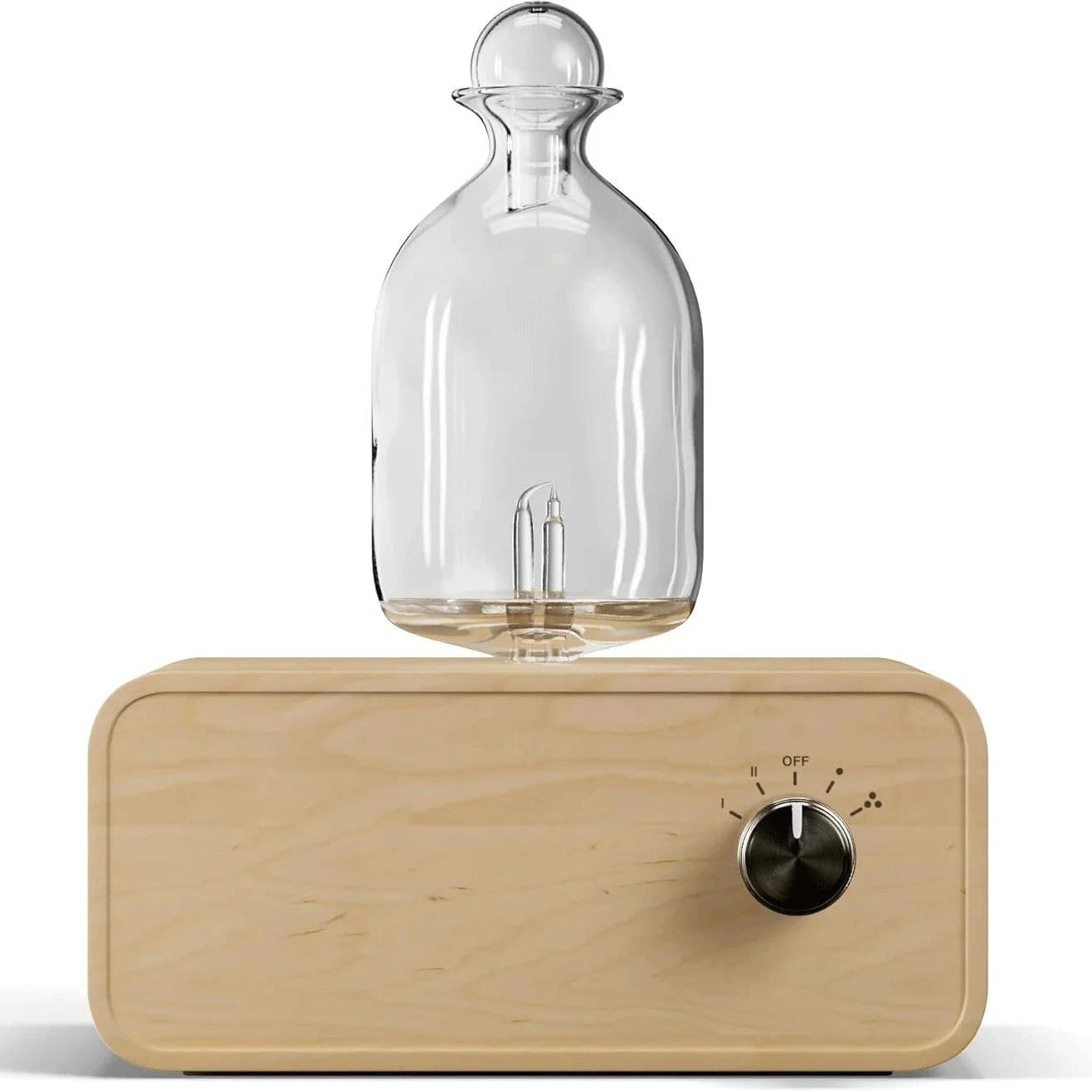 Handcrafted wood and glass nebulizing essential oil diffuser with brass knob switch for home and office aromatherapy.